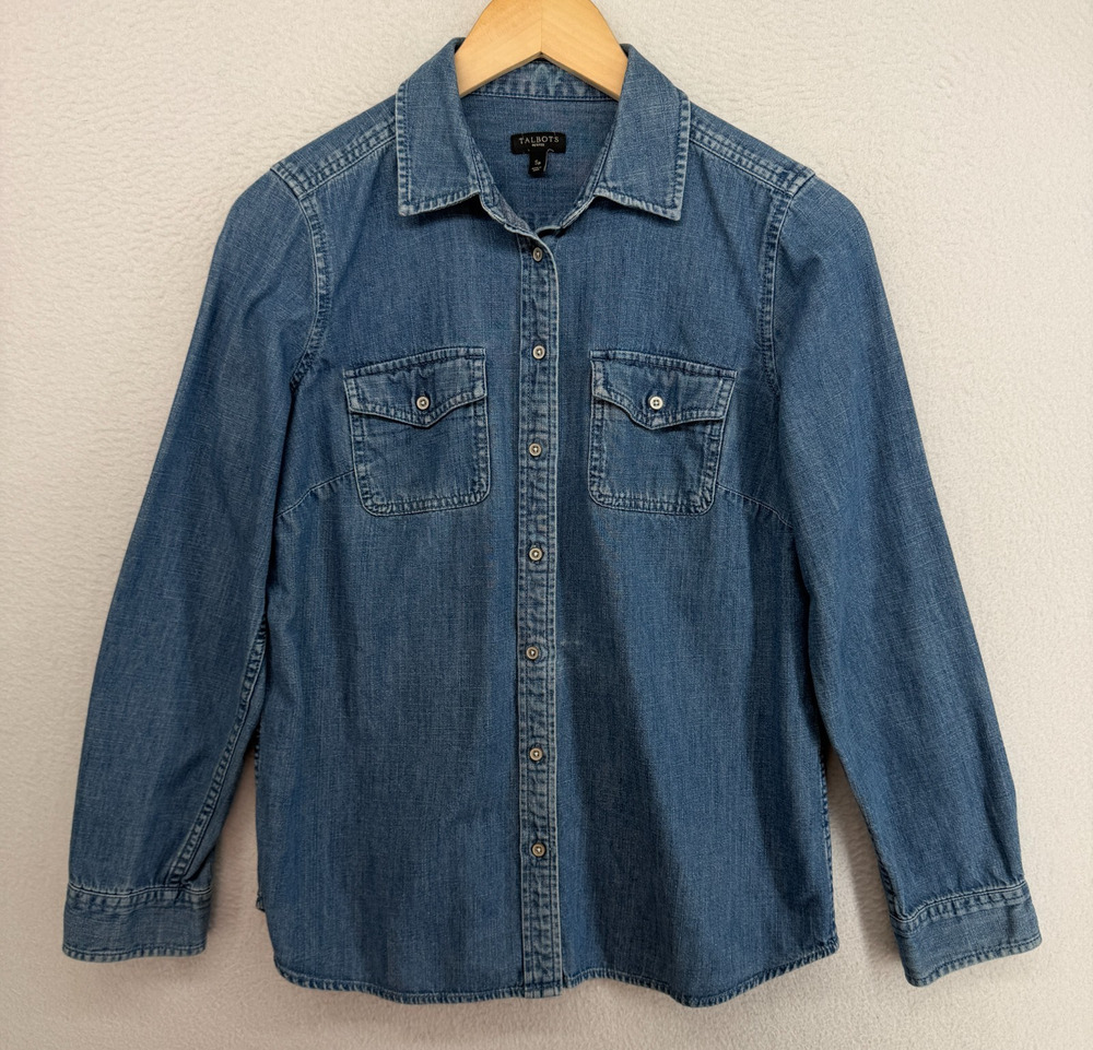 TALBOTS Top Sp Petites Denim Utility Shirt Button Up Long Sleeve Cotton Blue